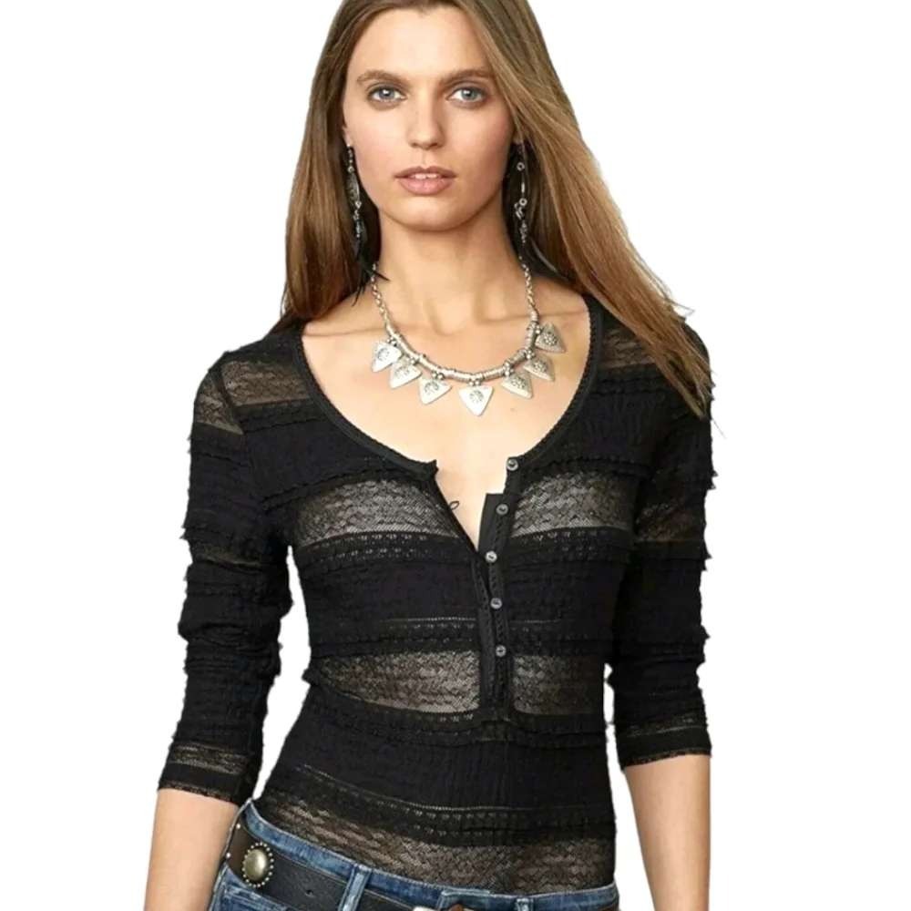 Denim & Supply Ralph Lauren Black Sheer Lace Henley Top M Romantic Whimsigoth